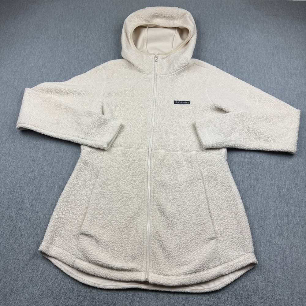 Columbia Jacket Womens Medium Ivory Sherpa Fleece Hooded Full Zip Long Outdoor